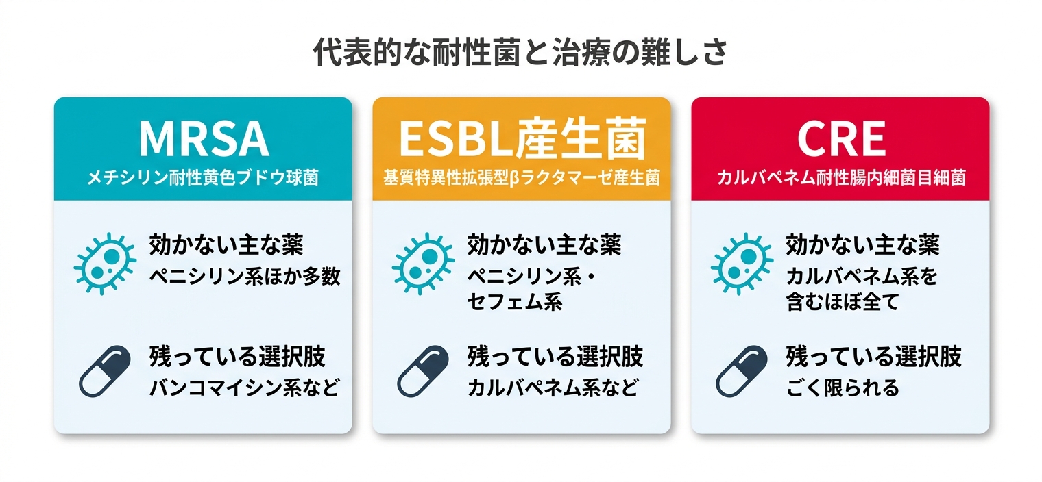 代表的な耐性菌（MRSA・ESBL産生菌・CRE）の治療困難度比較：左から右へ選択肢が減っていく
