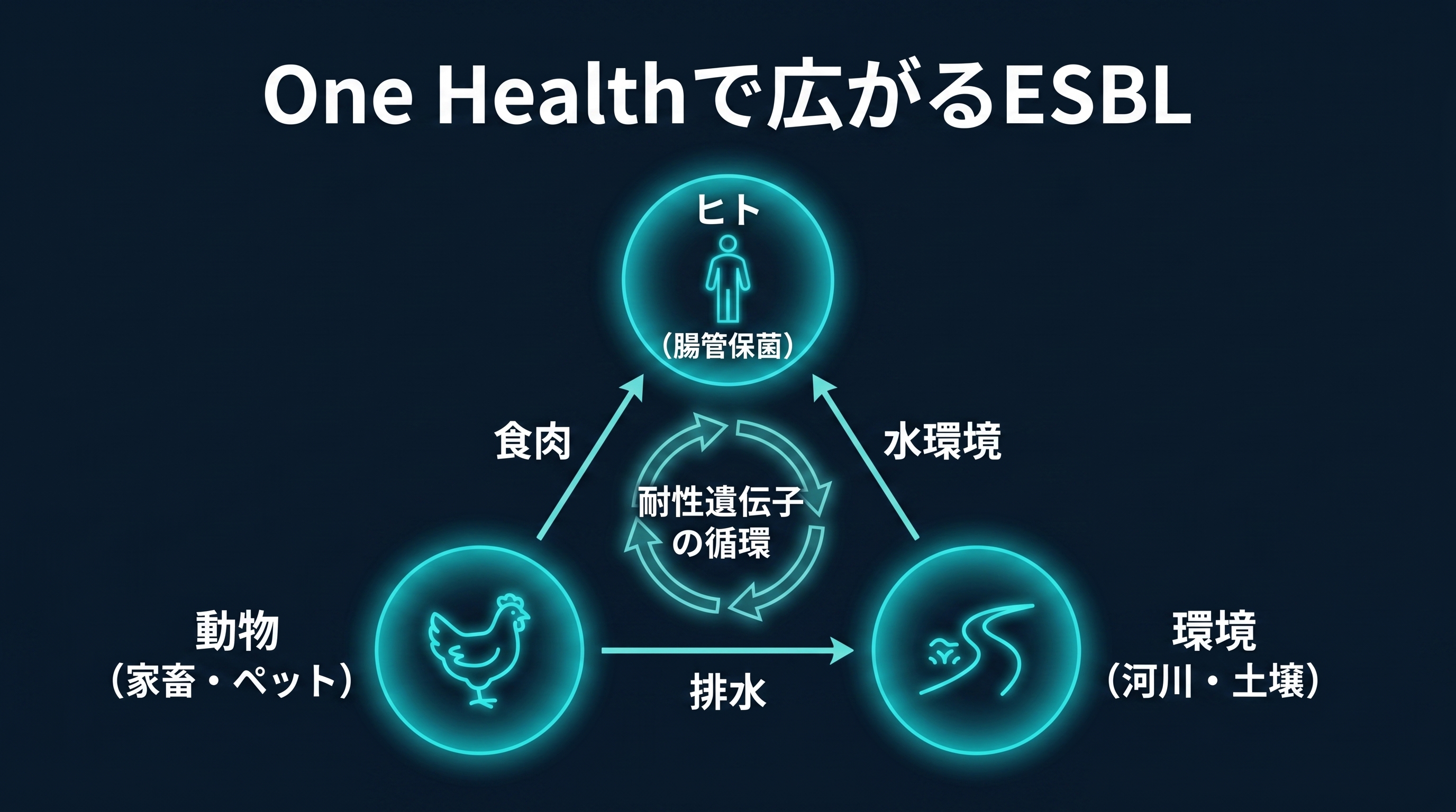 ESBL産生菌のOne Health拡散経路を示す図解。ヒト（腸管保菌）、動物（鶏肉・ペット）、環境（河川水）の間で耐性遺伝子が循環している