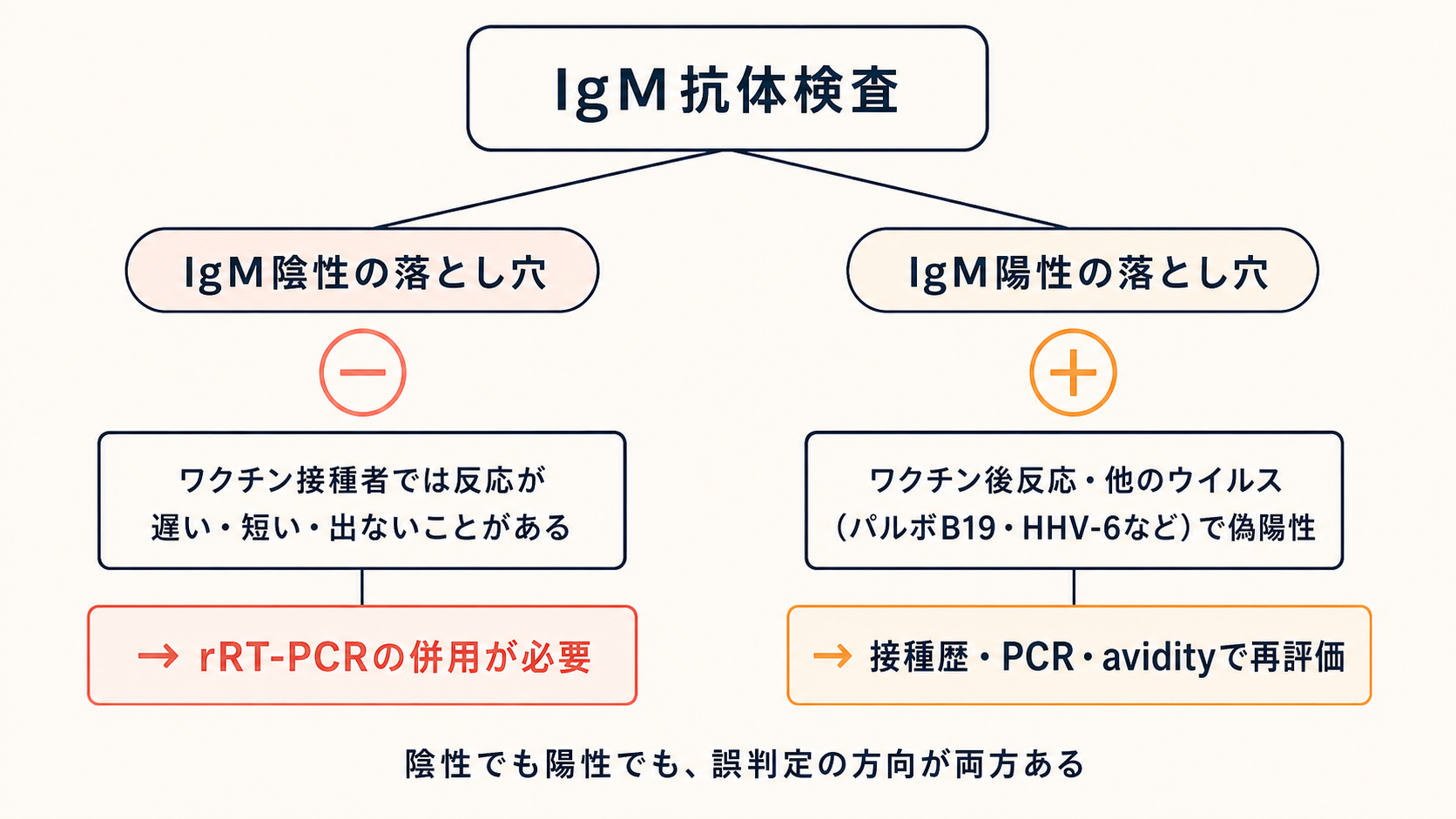 IgM抗体検査の両方向の落とし穴。陰性側はrRT-PCRの併用が必要、陽性側は接種歴・PCR・avidityで再評価
