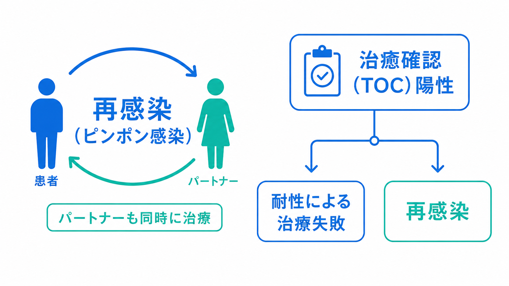 パートナー治療と再感染の切り分けを示す図。患者とパートナーの間で再感染（ピンポン感染）が起こるためパートナーも同時に治療する。治癒確認（TOC）陽性のときは耐性による治療失敗か再感染かを切り分ける