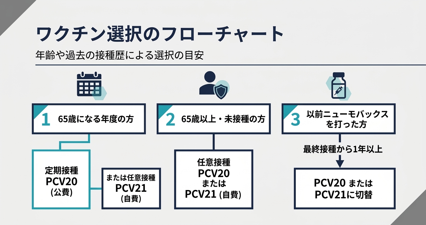 肺炎球菌ワクチン選択フロー：65歳の定期接種はPCV20（公費）、任意はPCV21も選択可。PPSV23接種済みは1年以上あければPCV20/PCV21へ切替