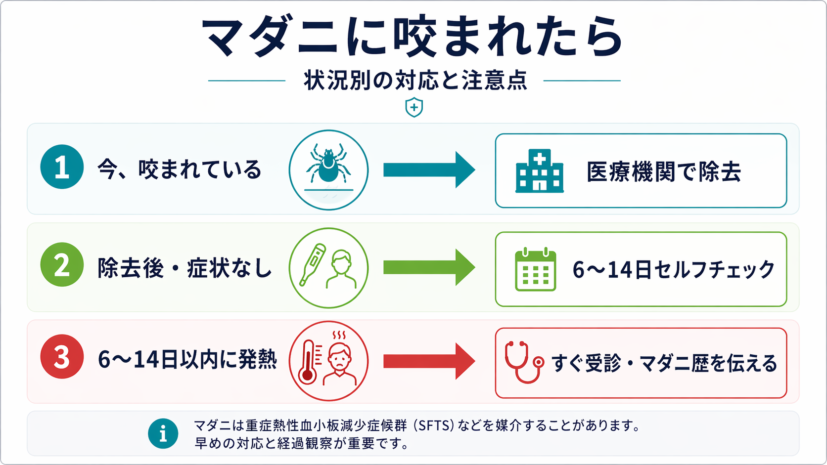 マダニ咬傷後の受診判断フロー:くっついている間は医療機関で除去、除去後無症状なら2週間セルフチェック、6〜14日以内に発熱なら即受診